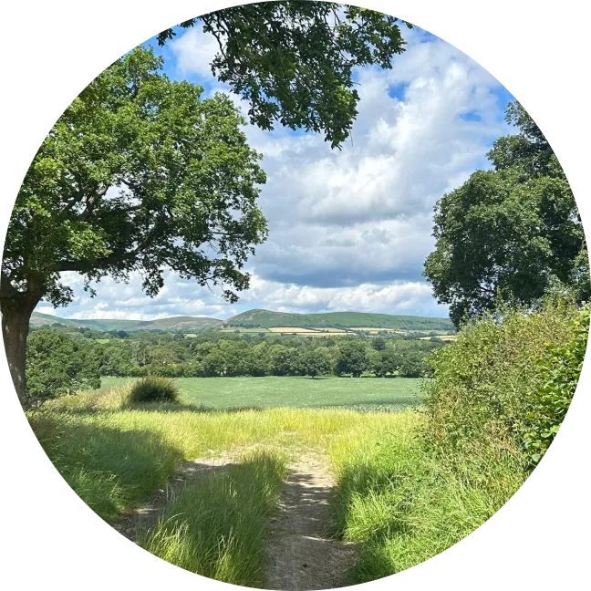 view out across beautiful farmland and countryside to the wenlock edge in the distance